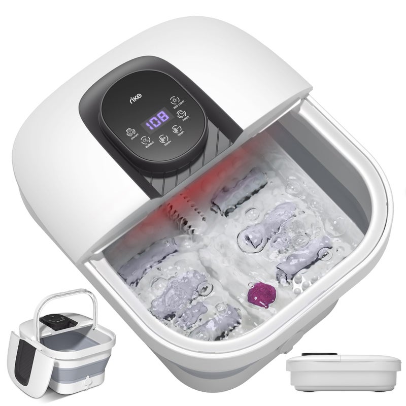 RIKE Collapsible Foot Spa with Heat Bubbles 24Level Temp Control Red Light Timer Foot Soaking Tub with 6 Shiatsu Rollers Pumice Stone Foot Bath Massager Pedicure FootSpa for Stress Relief